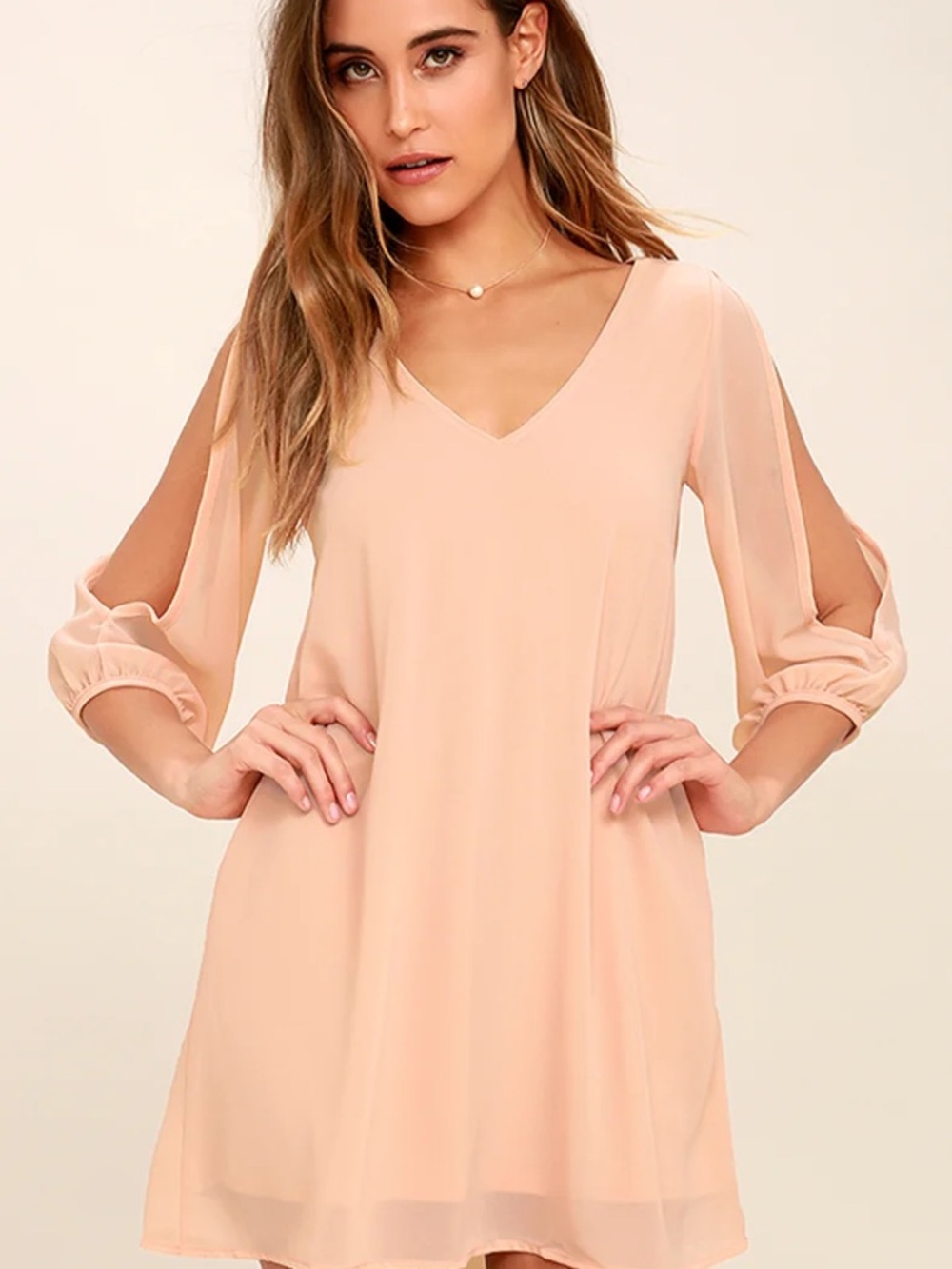 Lulu's Cold Shoulder V-Neck "Shifting Dears" Mini Dress in Pale Peach / Blush - Picture 2 of 11